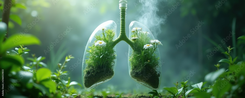 Obraz premium Transparent lungs grow green plants and white flowers inside, floating above forest floor mist. Healthy breathing ecosystem concept, fresh air nature symbiosis.