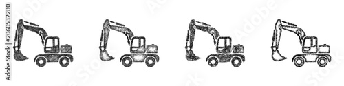Sketch black and white wheeled excavator icon design set
