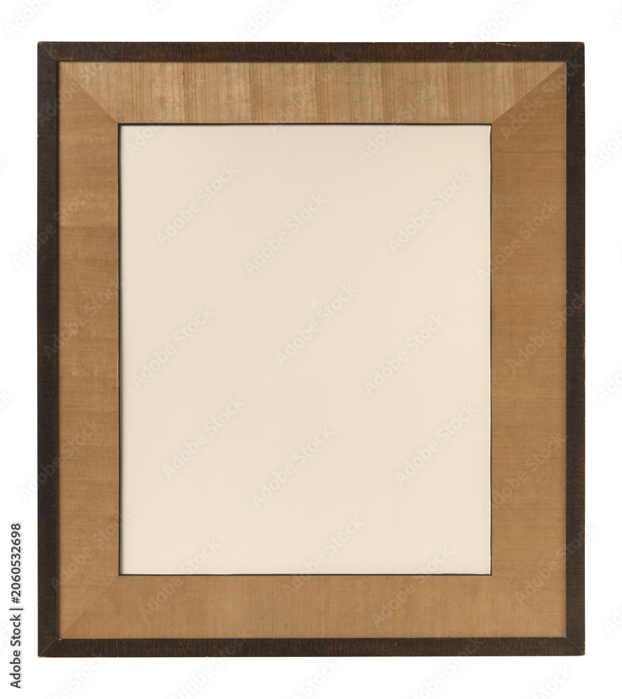 Fototapeta premium Vintage wooden picture frame with wood mat board isolate on transparent background (png). Classic brown border template with empty blank paper center. High-quality rustic art gallery mockup asset.