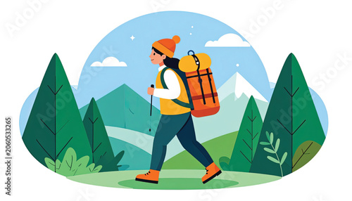 Man hiking with large orange backpack.