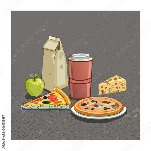 Cartoon illustration of a lunch set with pizza and drink