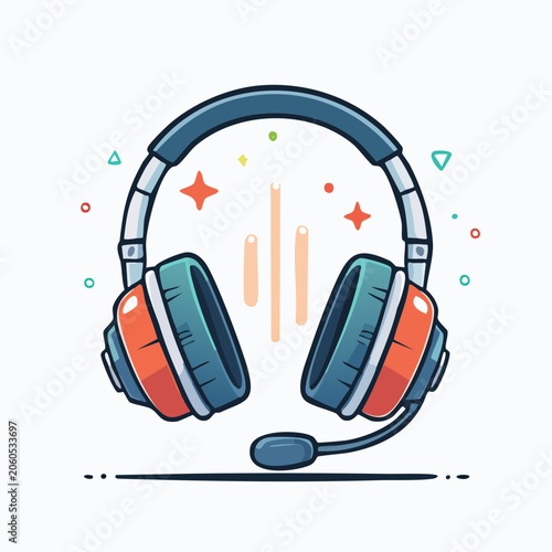 Cartoon Headphones with Microphone and Sound Waves