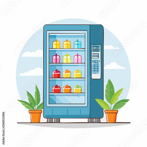 Vending Machine with Colorful Products and Plants
