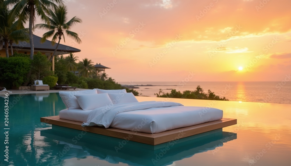 Fototapeta premium Floating bed in infinity pool at tropical resort. Ocean sunset creates warm orange sky. Palm trees and luxury villa in background. Peaceful serene landscape.