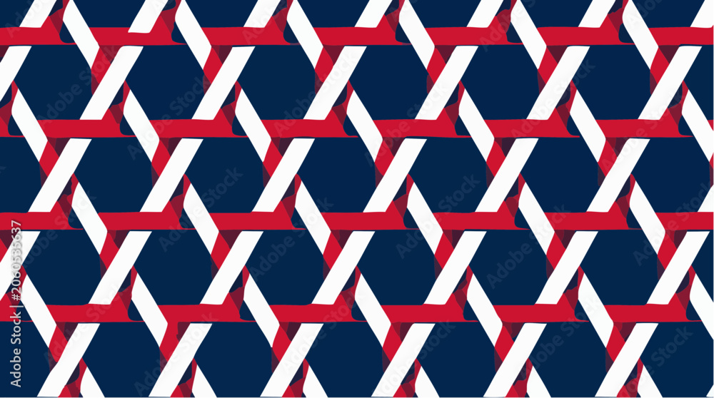 Fototapeta premium Seamless Geometric Pattern of Intertwined Red and White Ribbons on a Deep Blue Background, Vector Graphic for Design