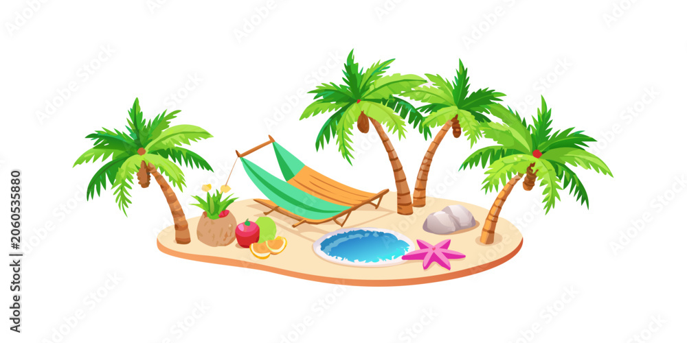 Fototapeta premium Tropical island paradise with palm trees and hammock, vector