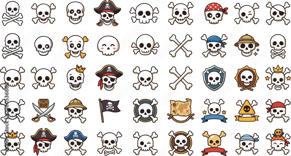 Obraz premium Generative AI vector illustration of cute pirate skull and crossbones icon set featuring funny facial expressions flags hats and treasure maps