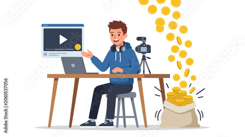 Young man making money online by creating video content and vlogging with coins falling into a money bag Vector