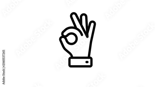 Minimalist black and white vector illustration of a human hand making the perfect okay gesture