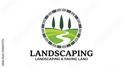 Professional vector illustration of a circular landscaping logo featuring stylized green hills and tall trees
