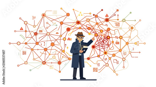 Detective analyzing complex network of data connections and information flow Vector