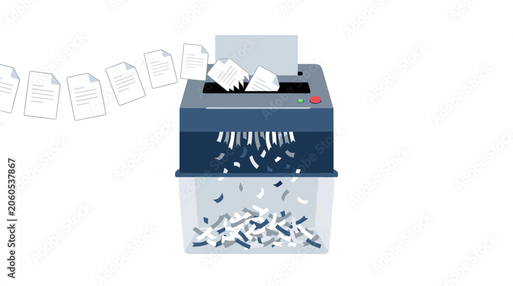 Naklejka premium Paper shredder destroying documents creating confetti in a clear bin Vector
