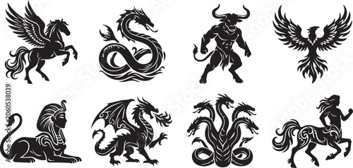 Vászonkép Black silhouette collection of mythical creatures and legendary monsters isolate