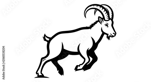 White goat with prominent twisted horns captured in mid-stride against a blank background for animal illustration purposes.