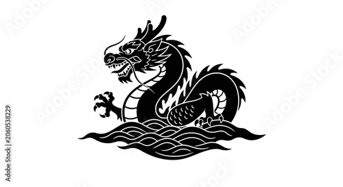 Chinese dragon illustration with intricate scales and flowing mane symbolizes power and mythology in cultural designs.