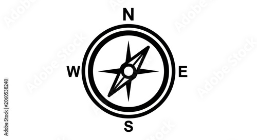 Compass rose illustration displaying cardinal directions north, south, east, and west for navigation purposes.