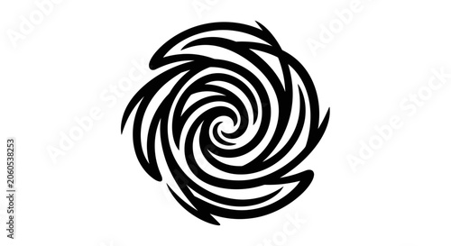 Hypnotic black and white spiral pattern creates an optical illusion of depth and motion on a clean background.