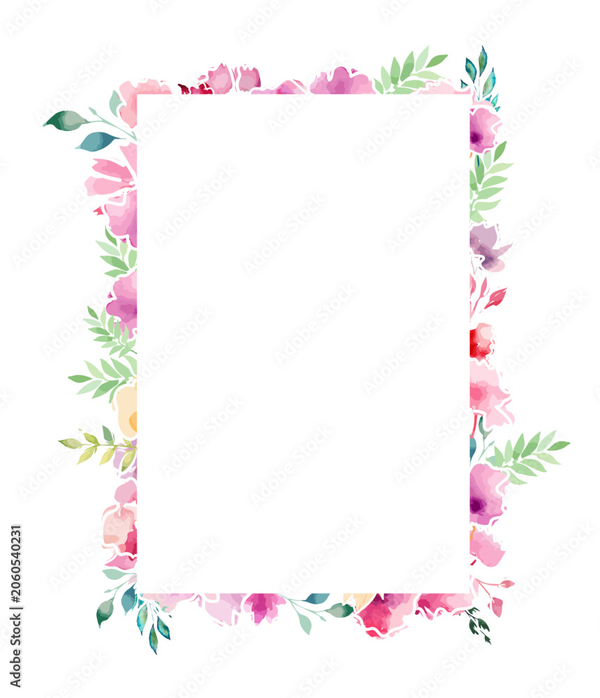 Fototapeta premium Rectangular frame postcard with watercolor flowers . Hand drawn. Not AI, vector illustration.