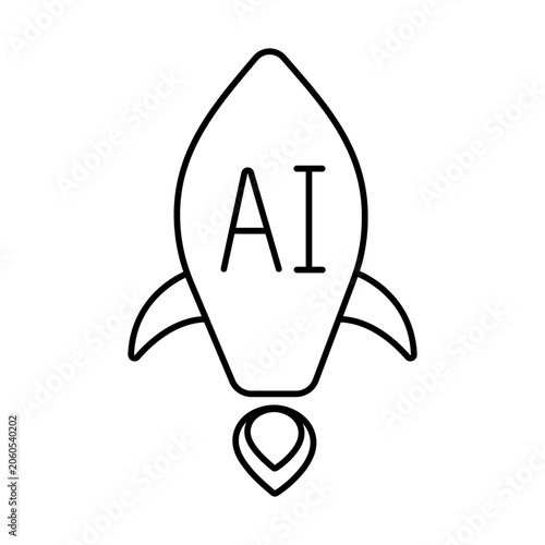 AI symbol on rocket. Vector line art illustration for artificial intelligence launch concept, AI startup, tech innovation takeoff