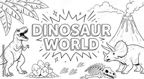 Foto Dinosaur world coloring page illustration with tyrannosaurus rex triceratops vol