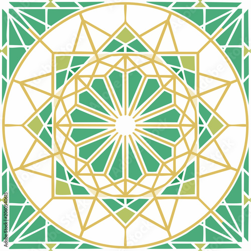 Geometric Islamic Pattern with Green and Gold Colors