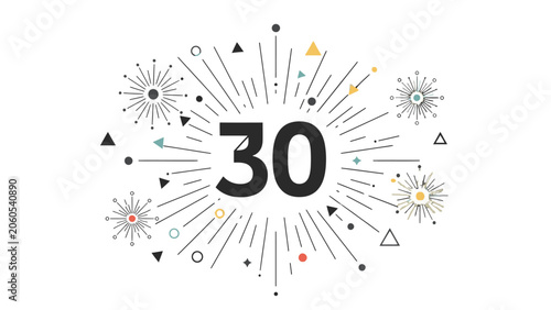 Elegant 30th Anniversary Celebration Design with Bursting Elements on Isolated White Background