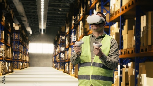 Schilderij op canvas Logistics worker using immersive VR headset for automation training, virtual reality technology recreates depot operations including parcel sorting