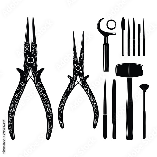 Bild auf Leinwand Jewelry crafting tools detailed vector illustration set.