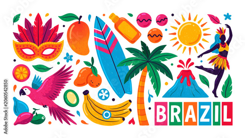 Slika na platnu Colorful brazilian cultural illustration with tropical flowers and palm trees