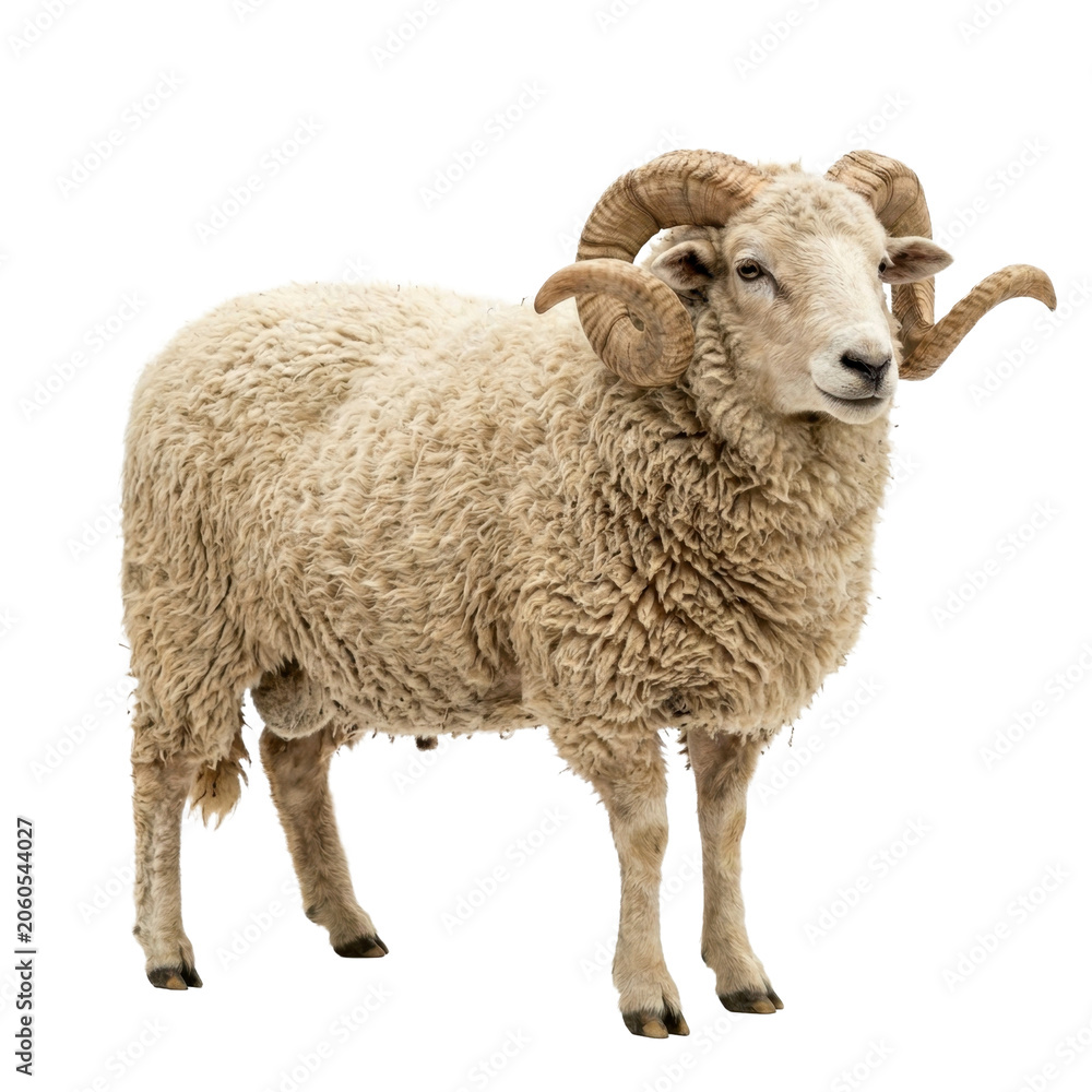 Obraz premium Full body side profile of a large ram with curled horns on a transparent background PNG file