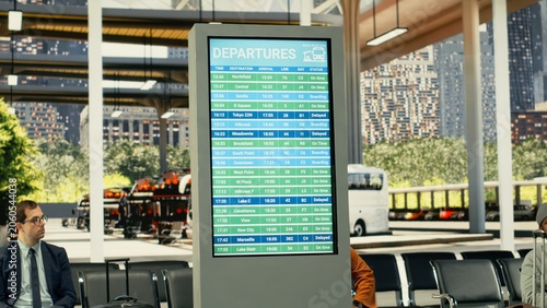 Photos Realistic commuter life featuring people moving through bus terminal, checking departure screen, diverse travelers use convenient bus connections and urban transit routes for weekday mobility