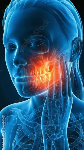 Human body illustrations depicting toothaches and temporomandibular joint disorder pain (3D, skeleton, teeth, medical, health, CG)