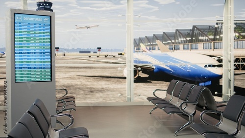 Valokuva Screen listing flight schedules and boarding gates in airport with no people, showcasing a bright terminal with lounge, Empty departure area within international transport hub, air travel