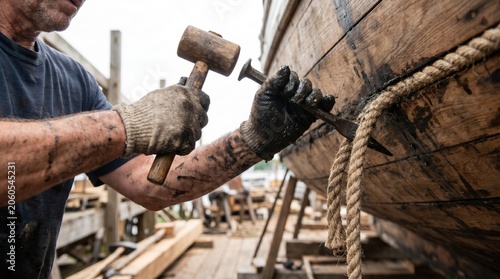 Shipwright caulking the wooden seams of a boat hull using oakum and a mallet