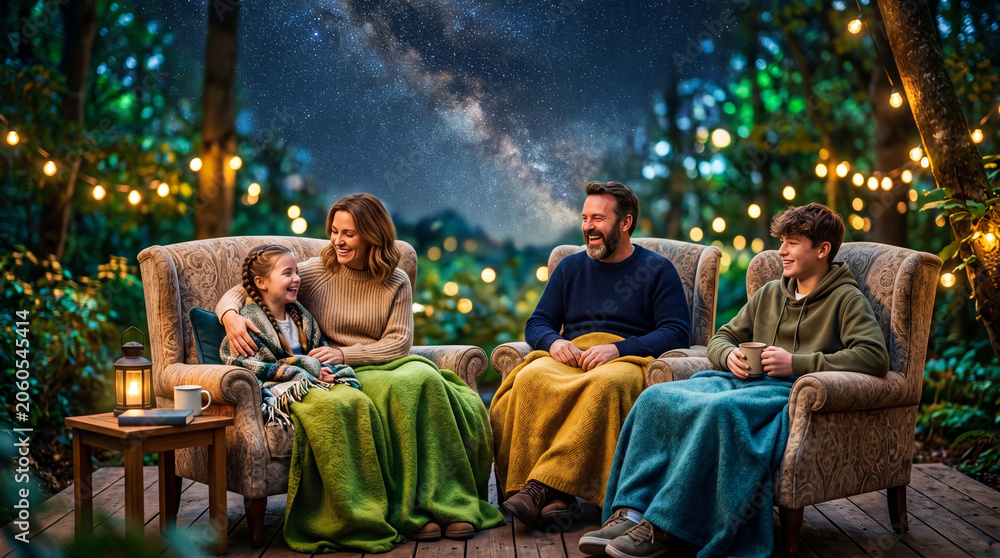Fototapeta premium Family with woman man girl and boy relaxing on armchairs wrapped in blankets under starry night sky with milky way. International planetarium day family bonding and astronomy wonder concept