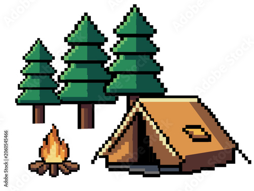 Pixel camping tent with campfire and fir-tree retro 8-bit Vector Graphic design