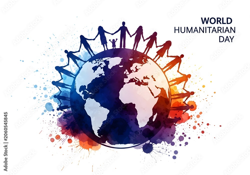 Obraz premium World Humanitarian Day Vector Illustration with Diverse People Holding Hands Around Globe, Vibrant Watercolor Splash Humanity Poster Design