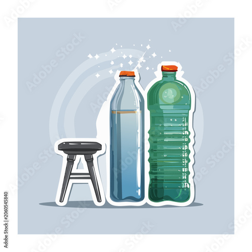 Flat Design Illustration of Water Bottles and Stool