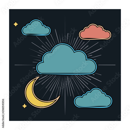 Flat Design Illustration of Clouds Moon and Stars