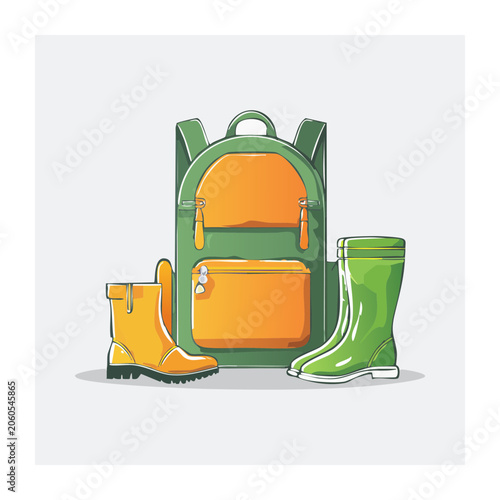 Green backpack and rain boots flat illustration