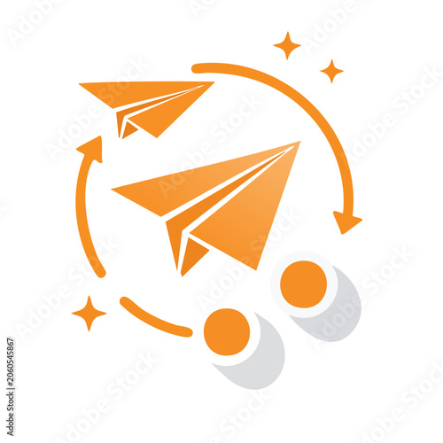 Orange paper airplanes orbiting planets and stars icon