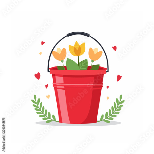 Red bucket with yellow tulips and green leaves illustration