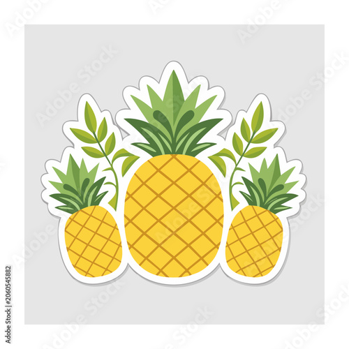 Three Pineapples with Leaves in Flat Design