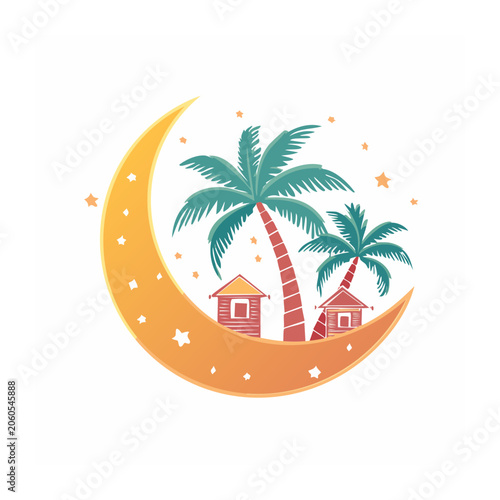 Tropical island illustration on crescent moon with palm trees and huts