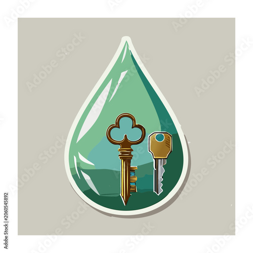 Water droplet with vintage and modern keys illustration