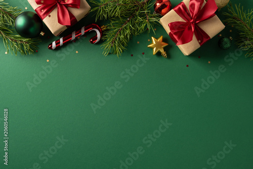 Festive Christmas presents with red bows, ornaments and pine branches on green background