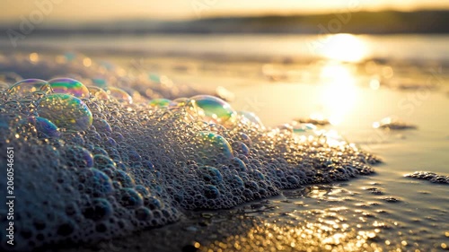 Macro shot of iridescent marine foam on wet sand under golden hour backlit sun