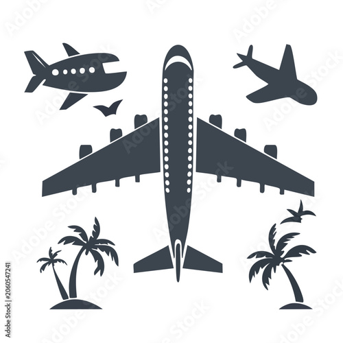 Flat design airplane icon with palm trees and birds