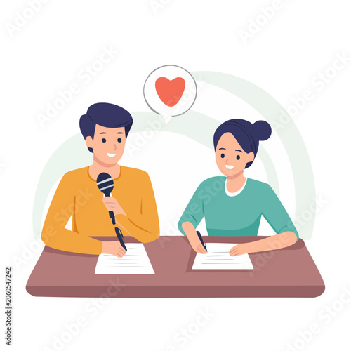 Couple writing at table with microphone and heart icon