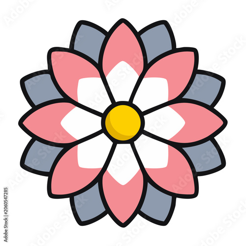 Flat design icon of a stylized flower with pink and gray petals